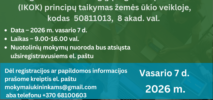 Nuotoliniai mokymai  „Tausus augalų apsaugos produktų naudojimas bei integruotos kenksmingųjų organizmų kontrolės (IKOK) principų taikymas žemės ūkio veikloje“