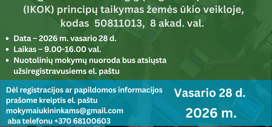 Nuotoliniai mokymai „Tausus augalų apsaugos produktų naudojimas bei integruotos kenksmingųjų organizmų kontrolės (IKOK) principų taikymas žemės ūkio veikloje“ 