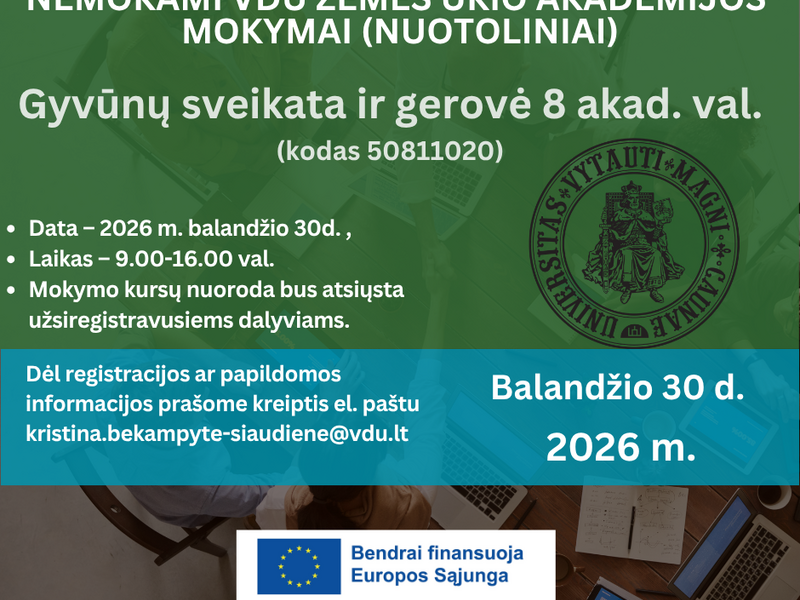 Nuotoliniai mokymai  „Gyvūnų sveikata ir gerovė“